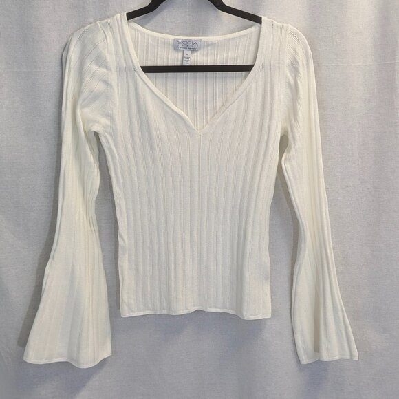 Sofia Size M Sheer Sweetheart Neck Sweater with Notched Stripes Winter White - Picture 1 of 14